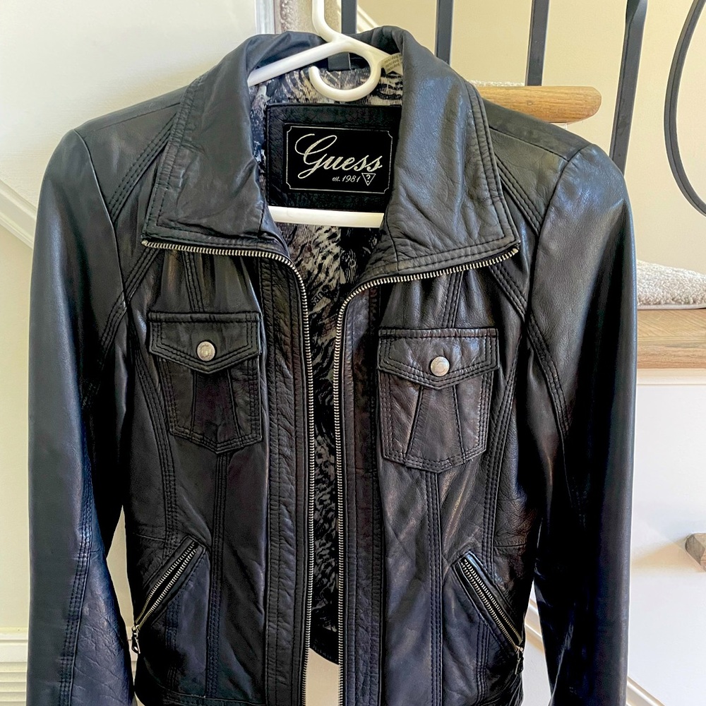 Black, genuine leather Guess jacket, moto style, S